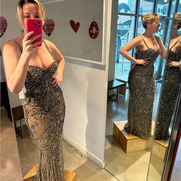 Marchesa Couture Icons Crystal Threadwork Gown Nude Beaded Evening Dress US 2 - Picture 3 of 15